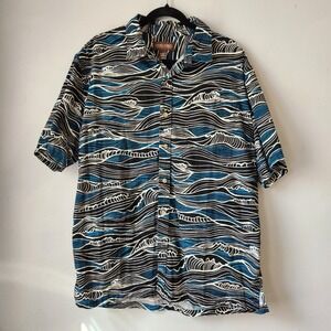 Cooke Street Hawaiian Islands Men XL Aloha Shirt Blue Black Wave Print Button Up